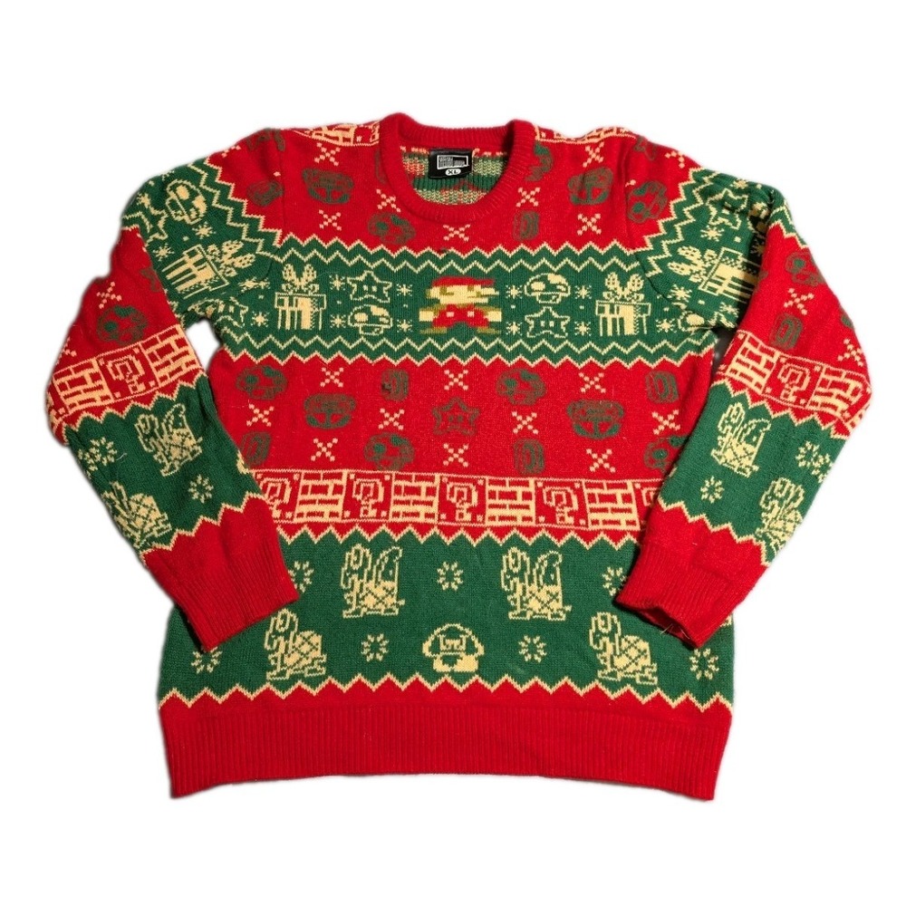 Super Mario Bros Christmas Sweater Mens XL Nintendo Ugly Holiday Knit Red Green